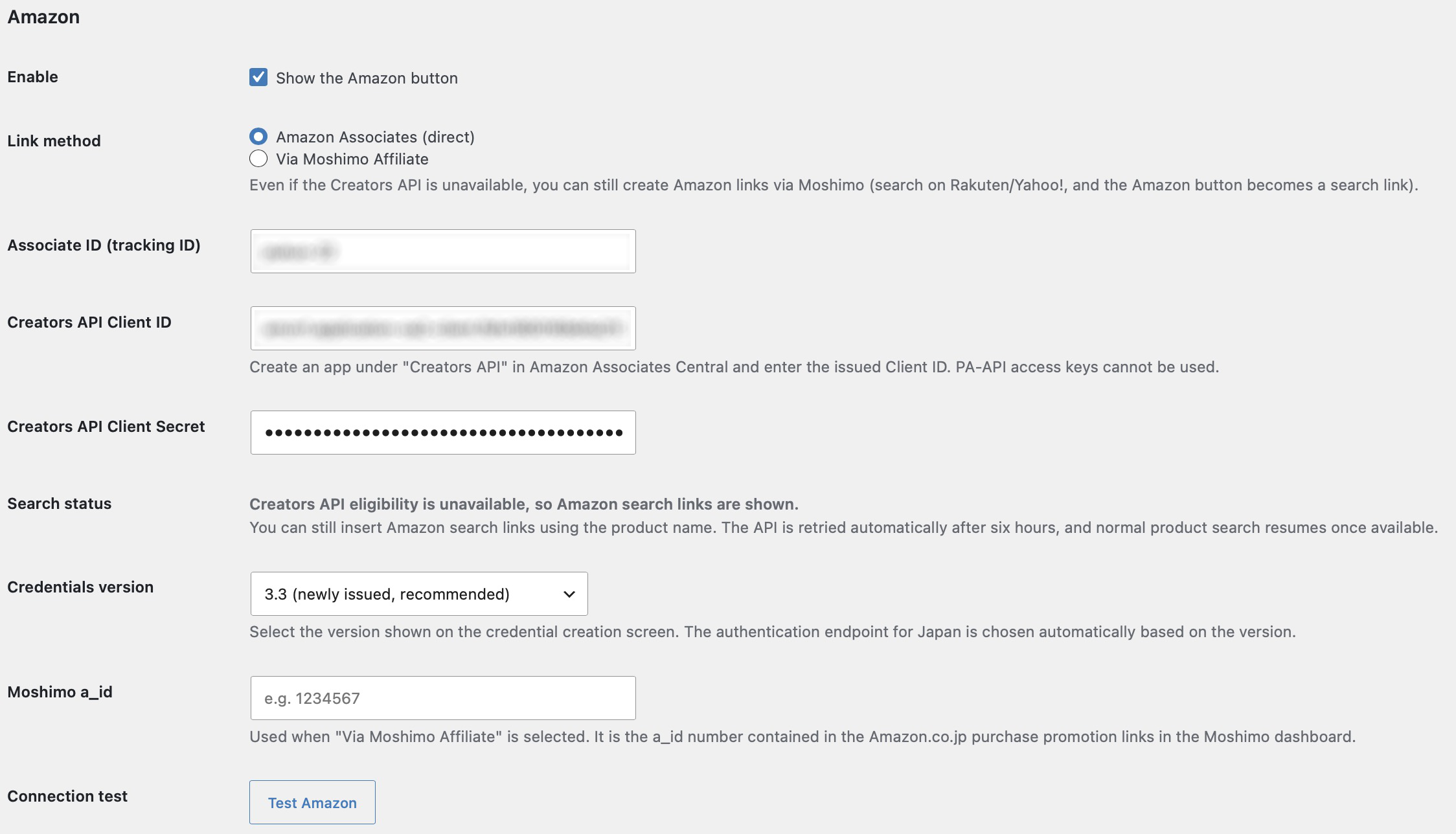 The Amazon section of the API settings tab, with dummy credentials