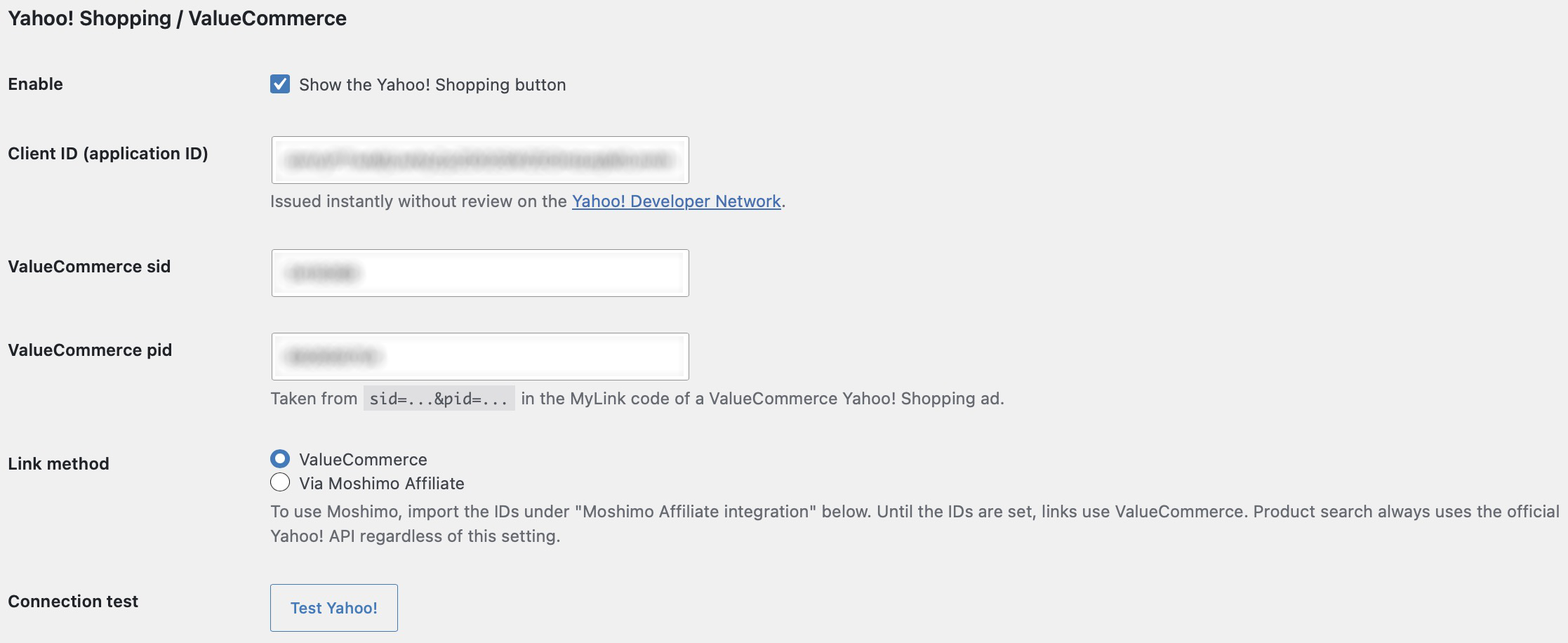 The Yahoo! Shopping section of the API settings tab with dummy IDs